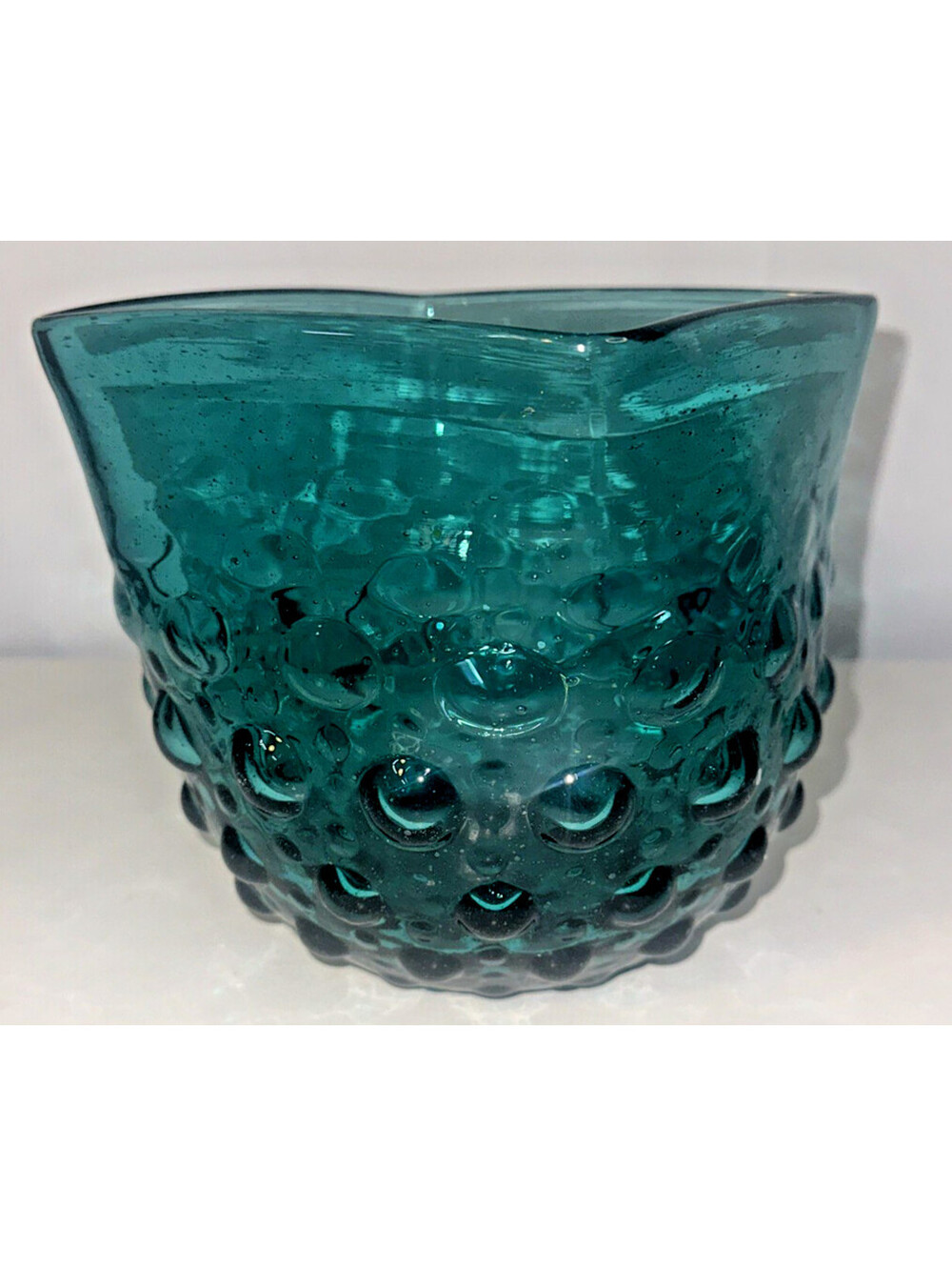 Hobnail Thumbprint Square Shape Vase Decor Art Glass Blue 6.5” X 6.5”